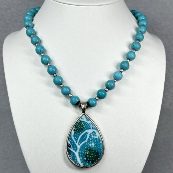 Coldwater Creek Necklace Turquoise Beaded 10mm Teardrop Pendant Reversible - Picture 1 of 6